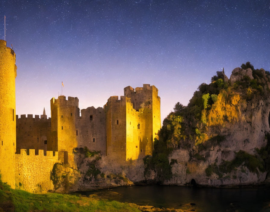 Ancient castle at twilight on rugged cliff with starlit sky