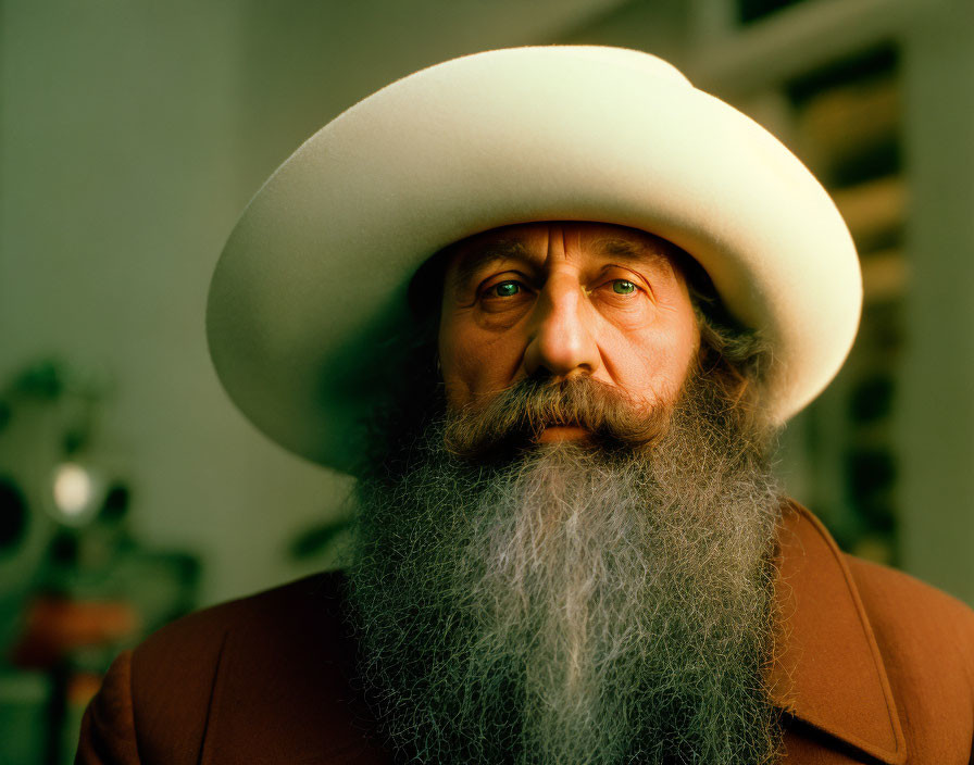 Elderly man with white beard and hat in brown suit portrait.