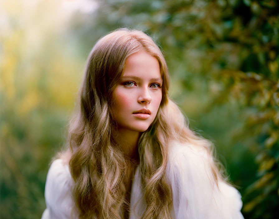 Young woman with long wavy hair surrounded by green foliage