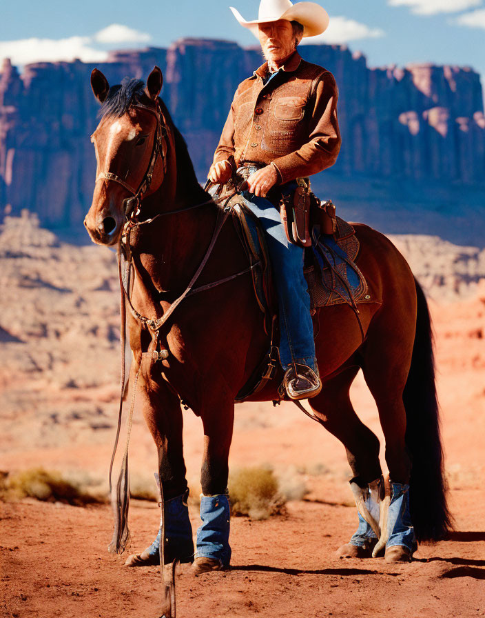 Cowboy on brown horse in desert with red rock formations