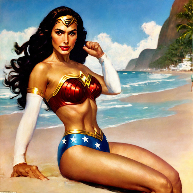 Powerful Wonder Woman in iconic costume on tropical beach.