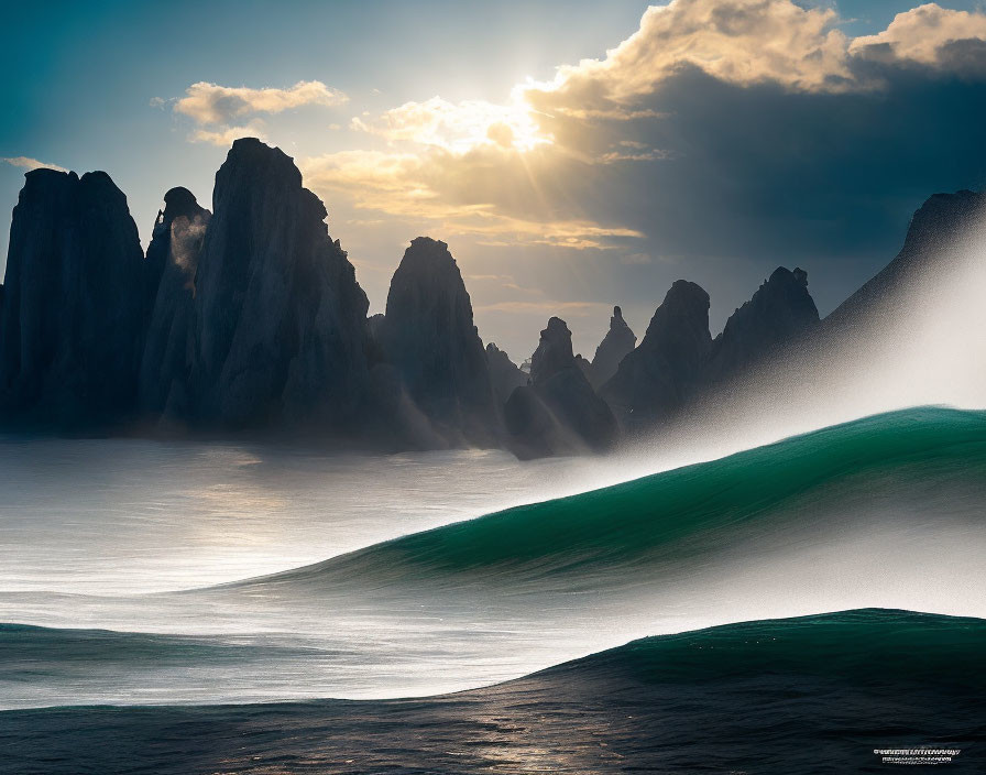 Misty ocean waves with rock formations under dramatic sky