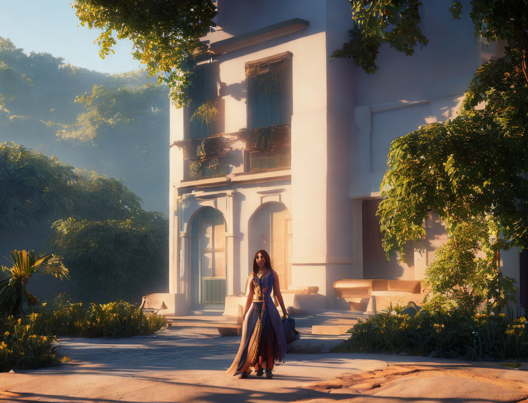 Traditional attire woman poses in front of classic building at sunset