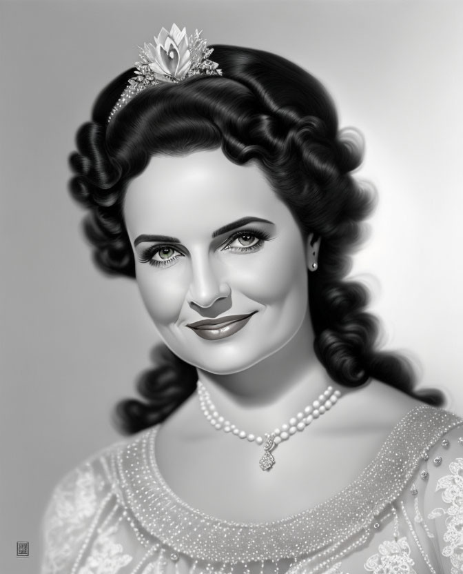 Vintage-inspired monochrome portrait of a smiling woman with tiara, pearl necklace, and embellished dress