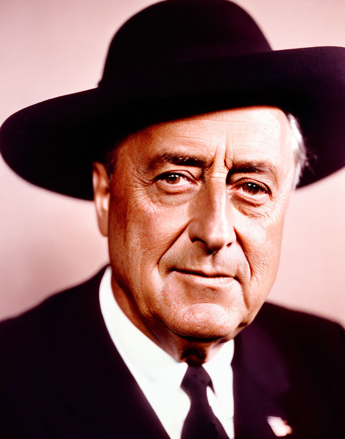 Confident man in black suit, white shirt, tie, and wide-brimmed hat