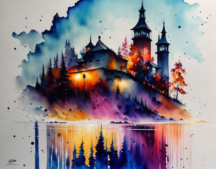 Colorful watercolor painting: castle on hill, vibrant trees, reflecting water, blue & purple sky