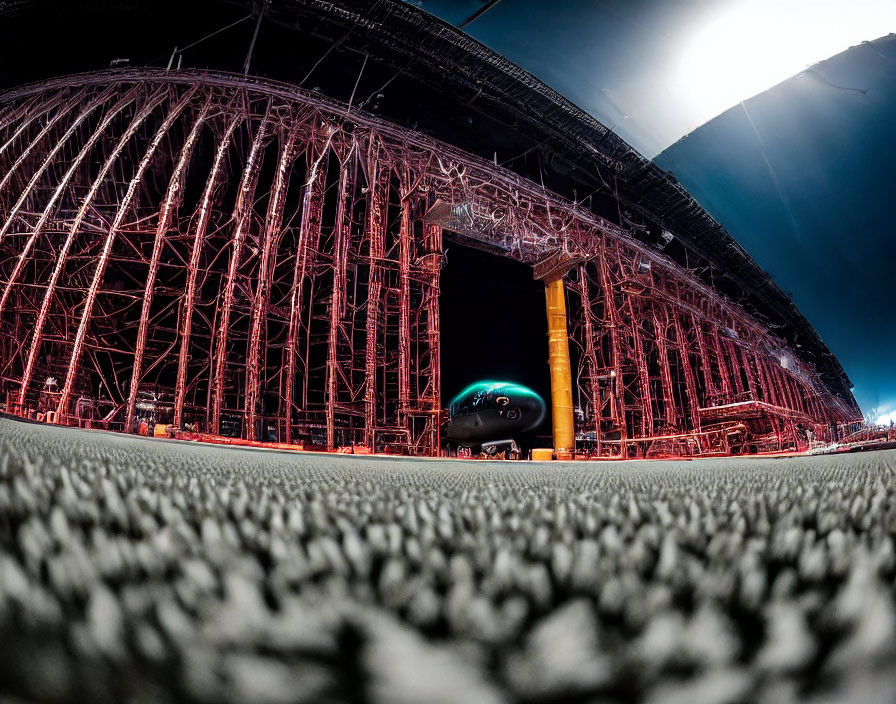 Large illuminated industrial structure with metal scaffold at night.