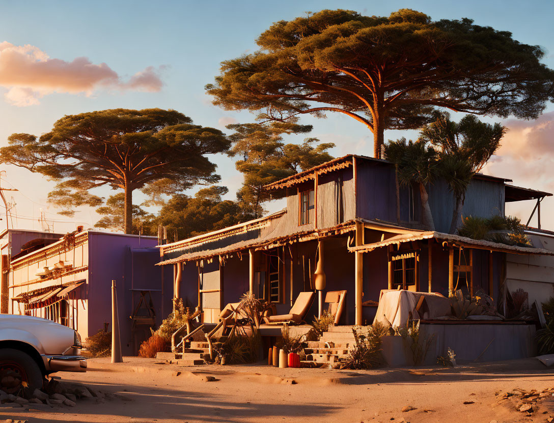 Rustic wooden house with porch, tall pine trees, vintage car at sunset in sandy setting