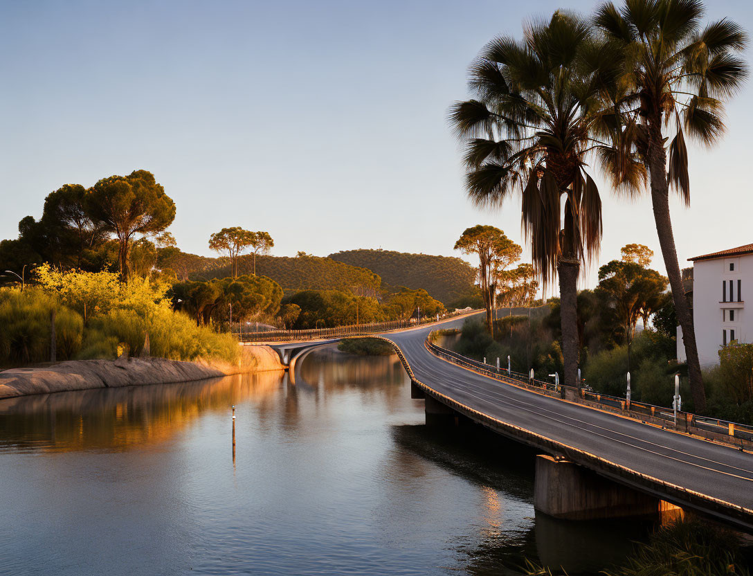 Tranquil Riverside Road at Sunset with Palm Trees