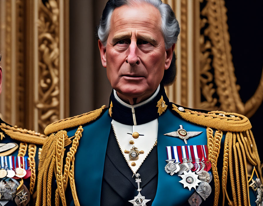 Formally dressed individual with medals and sashes against ornate backdrop