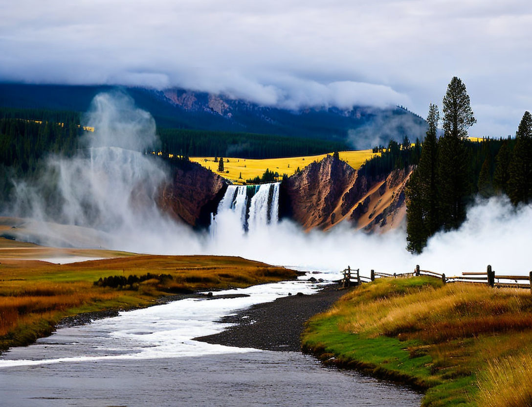 Scenic waterfall surrounded by lush greenery and mountains in mist