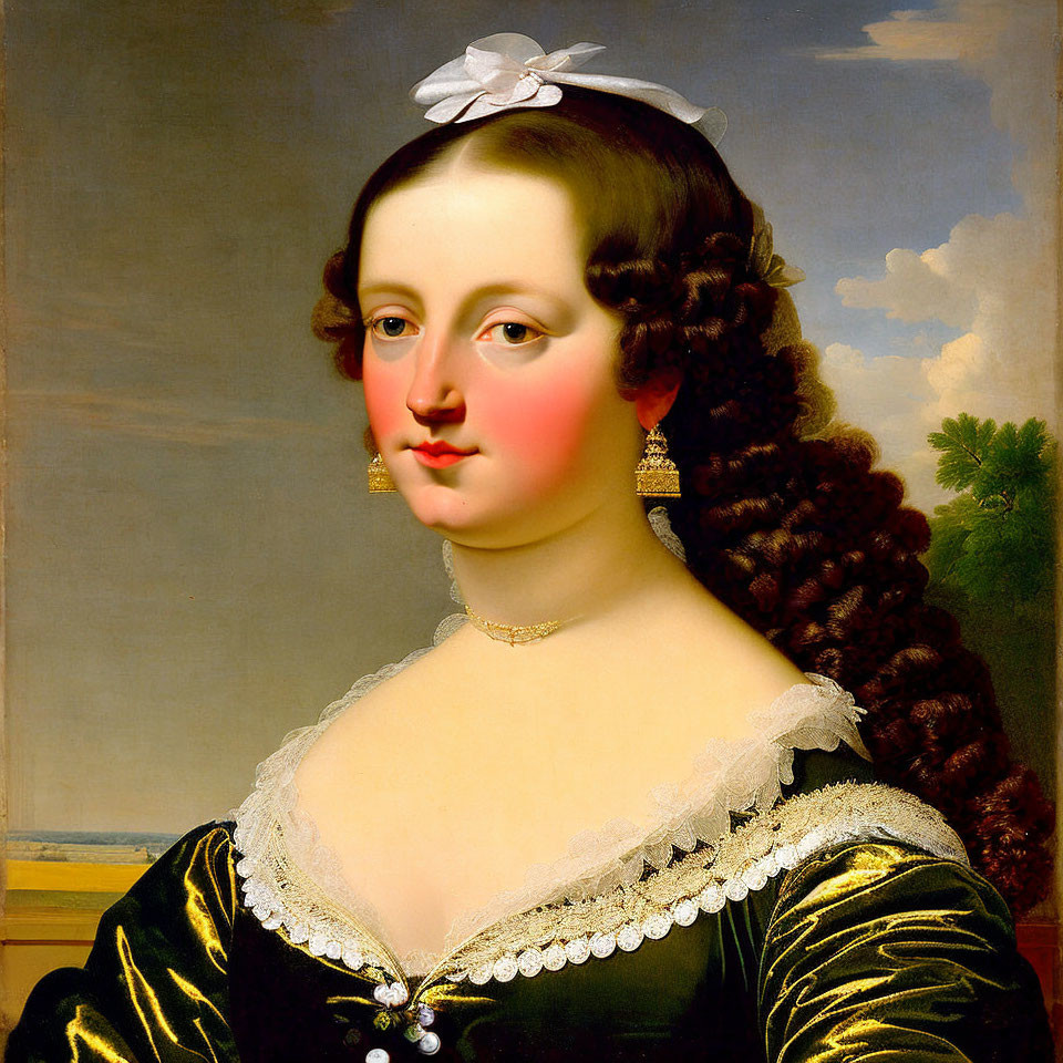 Portrait of a woman with white bow, curled hair, black dress, lace collar, rosy cheeks