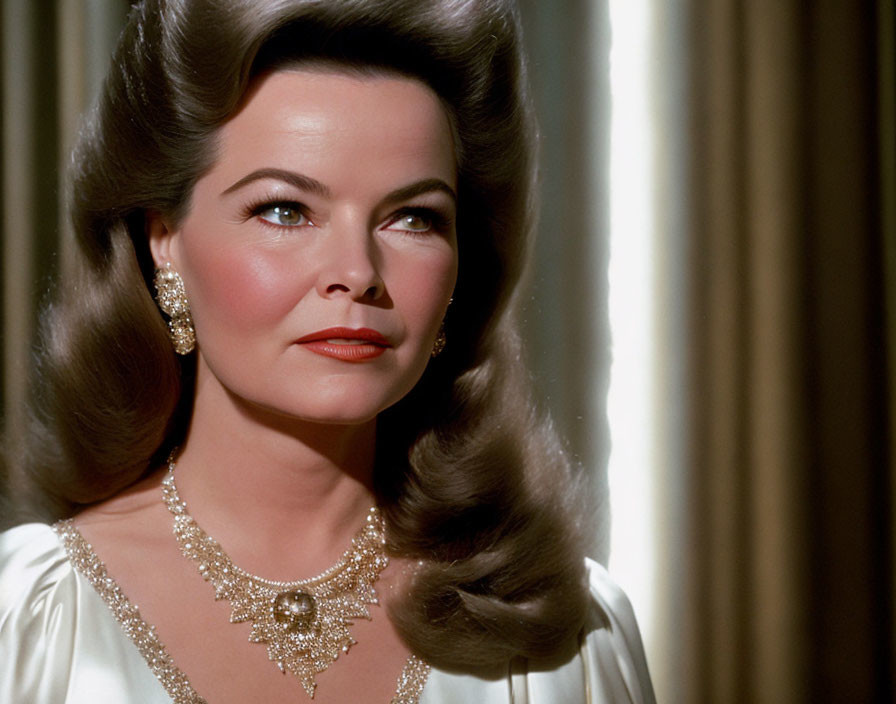 Vintage Portrait: Woman with Voluminous Hair in White Dress, Necklace, and Earrings