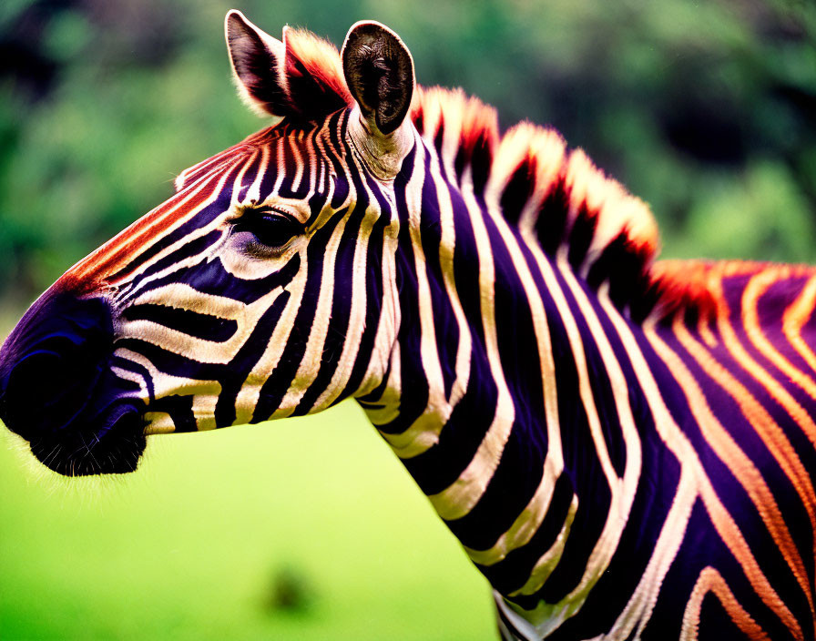 Striped zebra in black and orange on green background