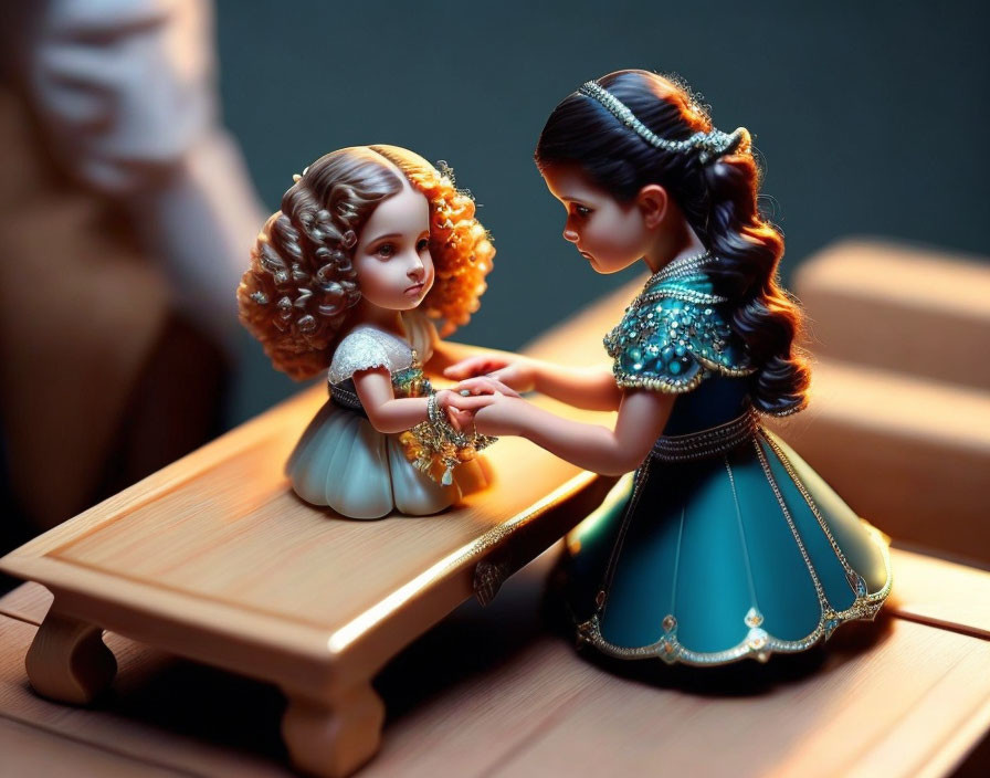 Intricately detailed dolls in vintage dresses holding hands on wooden surface