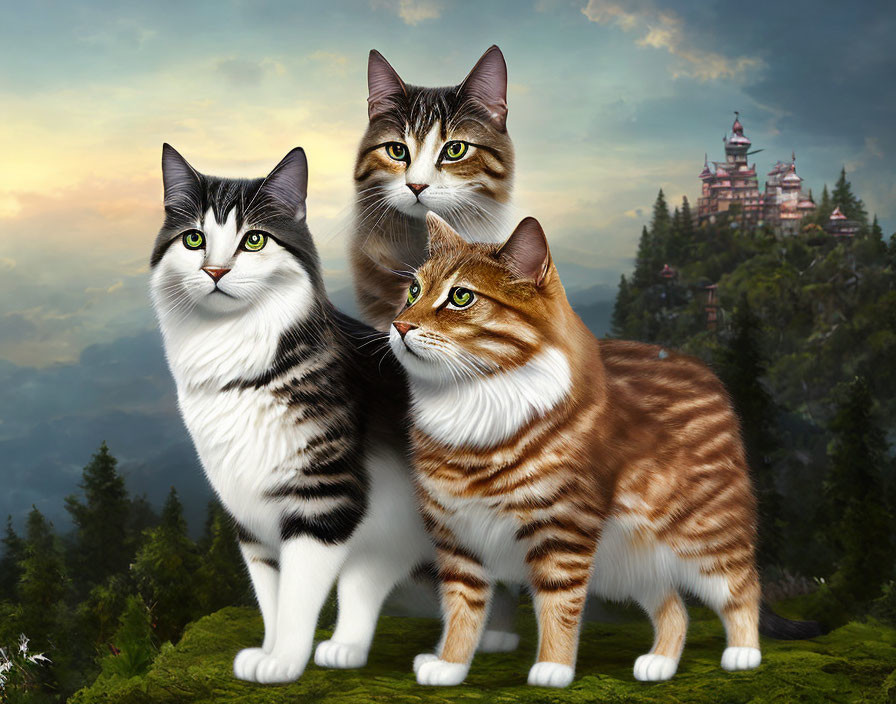 Three cats with distinct markings in front of castle and sunset.