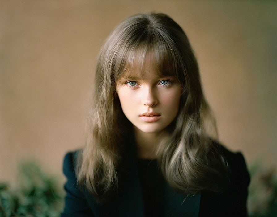 Young woman with light brown hair and blue eyes in dark top on neutral background