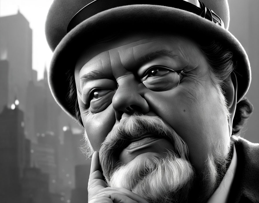 Monochrome close-up illustration of pensive man with beard and hat against city skyline