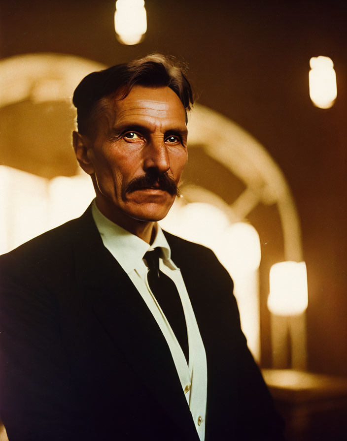 Mustached man in black suit and tie indoors with arched windows.