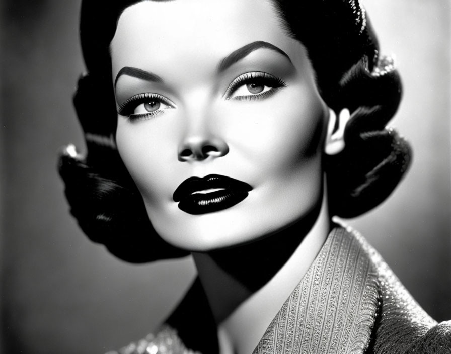 Vintage Black and White Portrait of Woman with Stylish Makeup and Confident Look