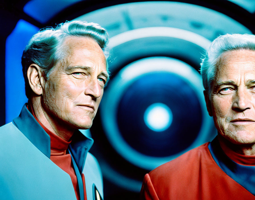 Two silver-haired men in futuristic attire with circular blue portal.