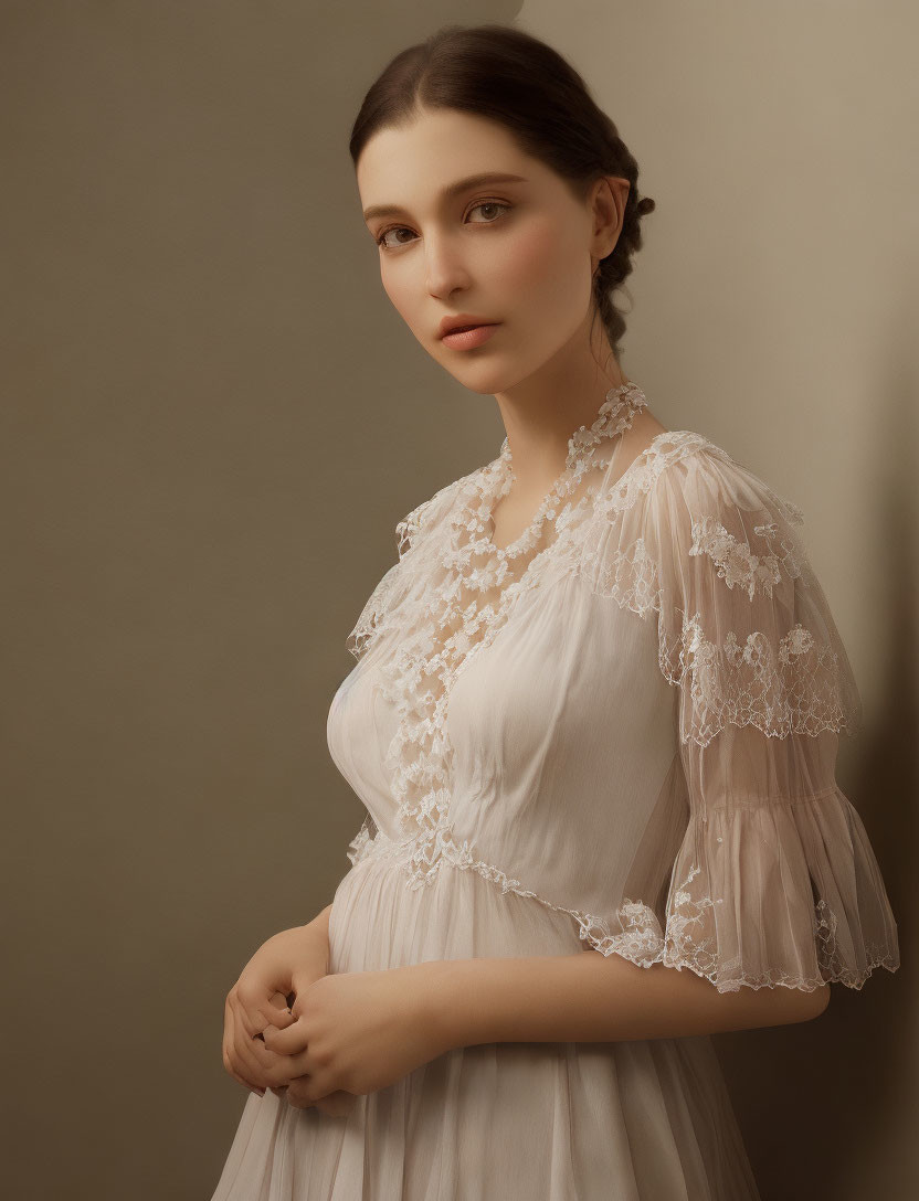 Classic Beauty in White Lace Dress: Serene Woman Poses Elegantly