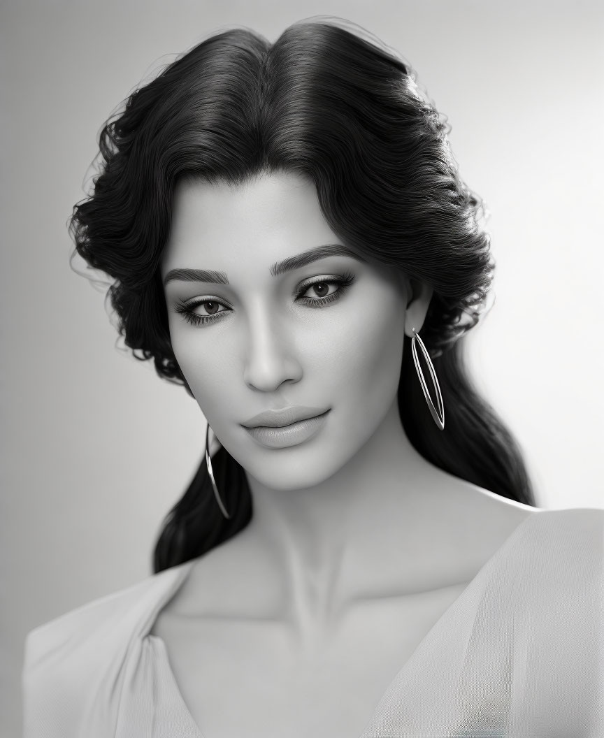 Monochrome portrait of woman with wavy hair and hoop earrings