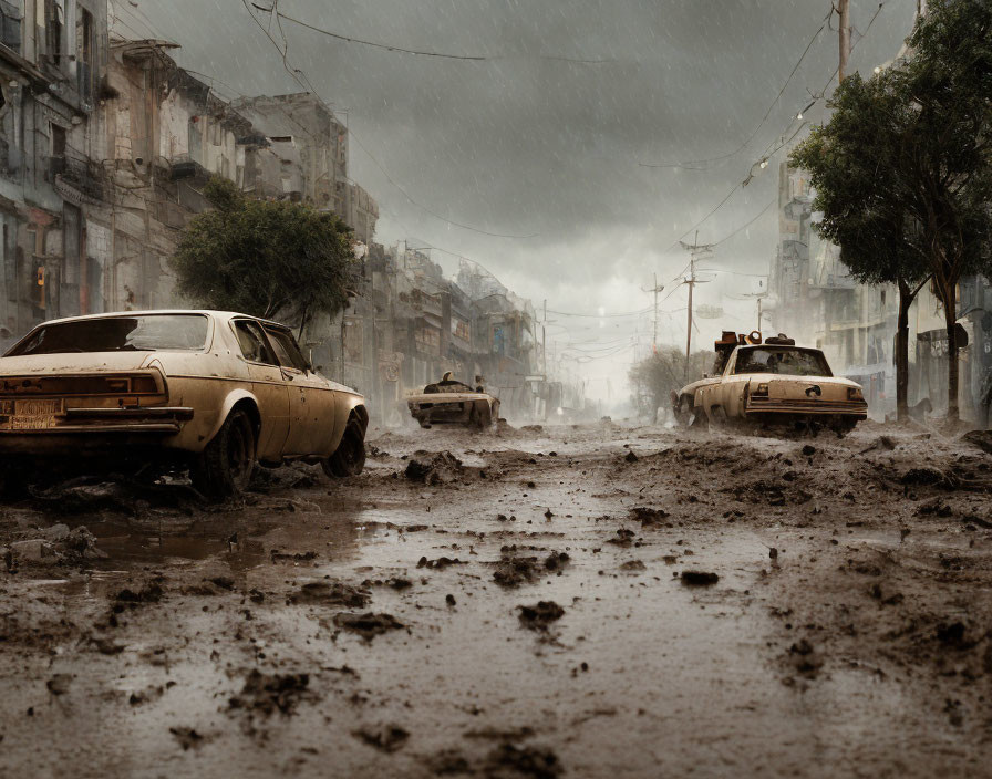 Vintage cars on rainy street with old buildings