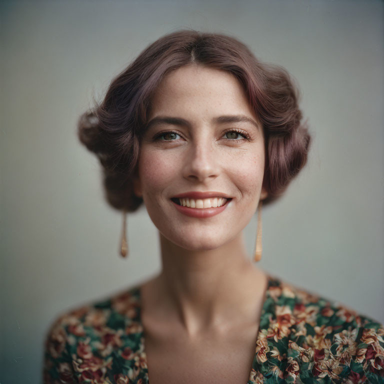 Short Curly Brown-Haired Woman in Floral Top and Teardrop Earrings Smiling Against Neutral