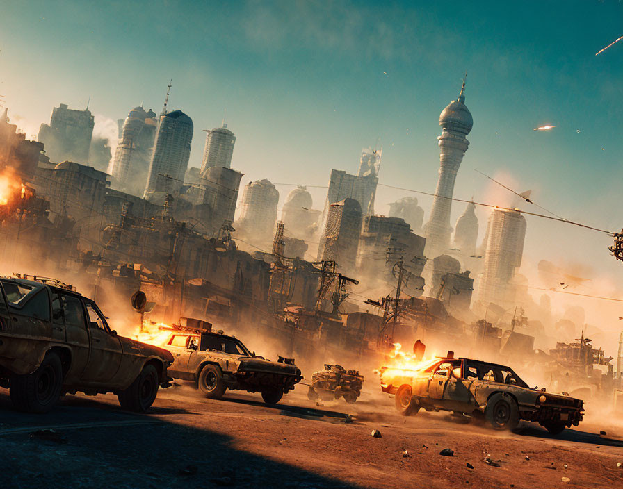 Dystopian cityscape with damaged vehicles and fires amid towering skyscrapers