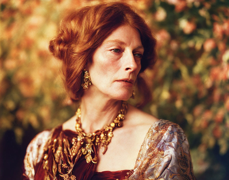 Red-haired woman in golden-brown brocade dress against floral backdrop