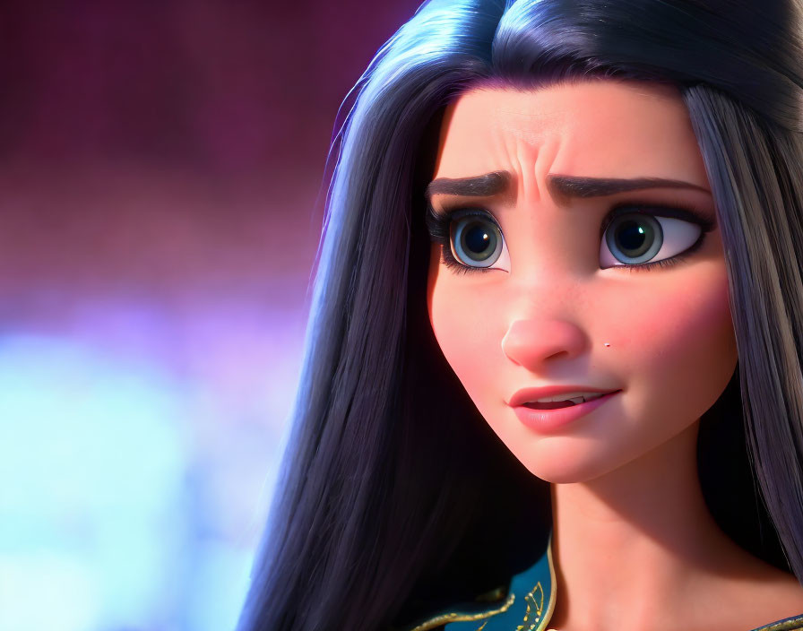 Close-up of animated female character with large expressive eyes and long dark hair showing curiosity and concern