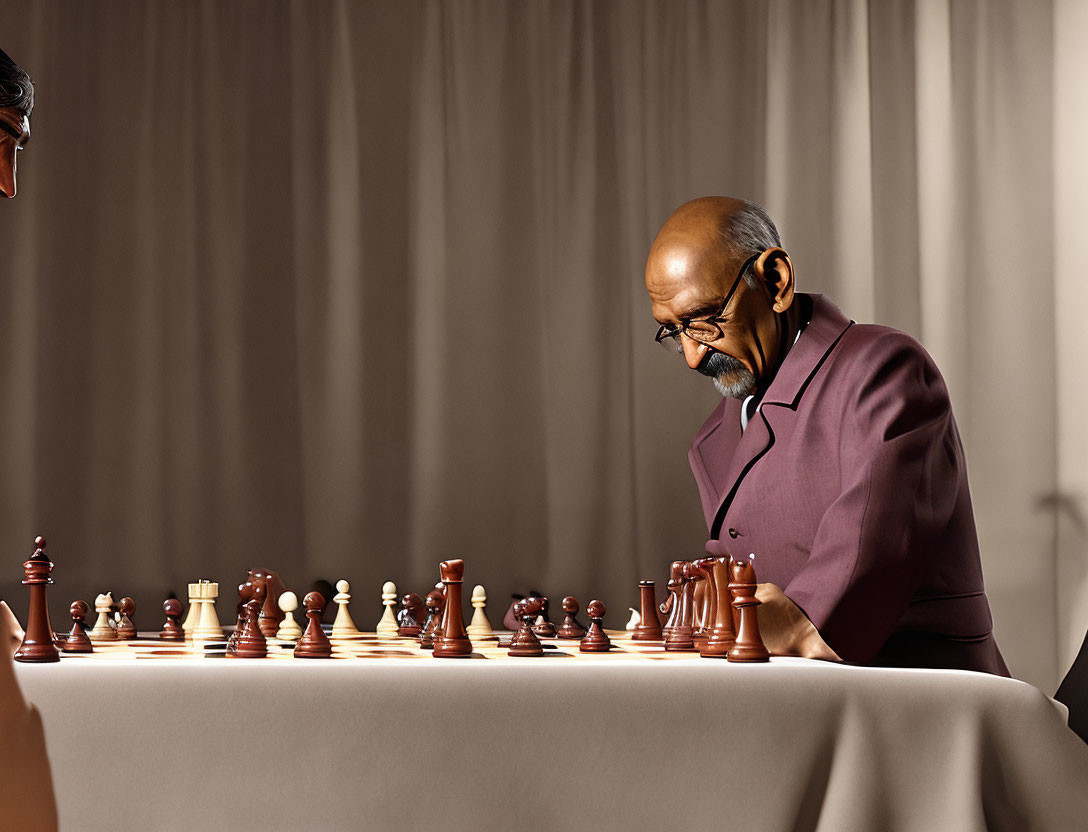 Bearded man in glasses playing chess on well-lit table