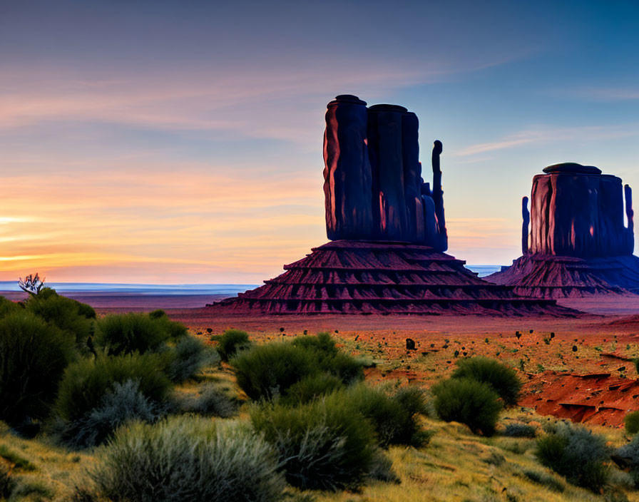 Vibrant desert sunset with large rock formations and shrubs.