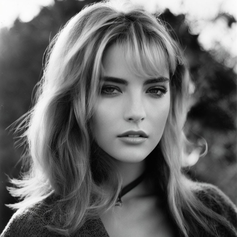 Monochrome portrait of woman with shoulder-length hair and choker.