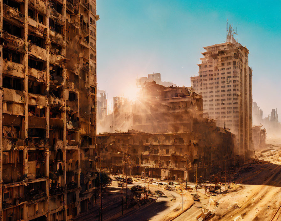 Sunlit post-apocalyptic cityscape with dilapidated buildings and debris-strewn streets