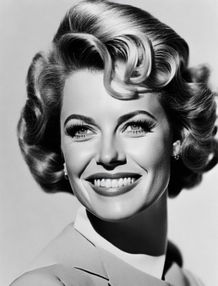 Vintage black-and-white portrait of a smiling woman with wavy hair and 1950s makeup