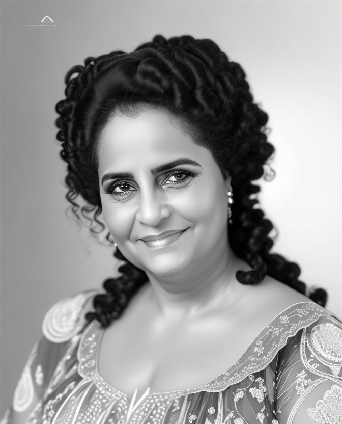 Monochrome portrait of smiling woman with curly hair in patterned top