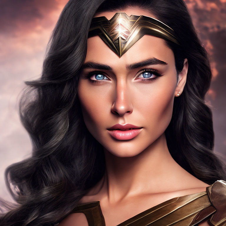 Portrait of woman with vibrant blue eyes, wavy hair, and golden tiara in superheroine style