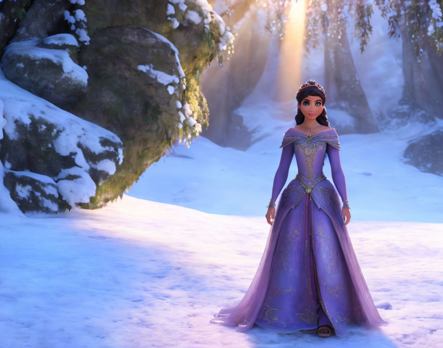 3D animated princess in purple dress in snowy forest