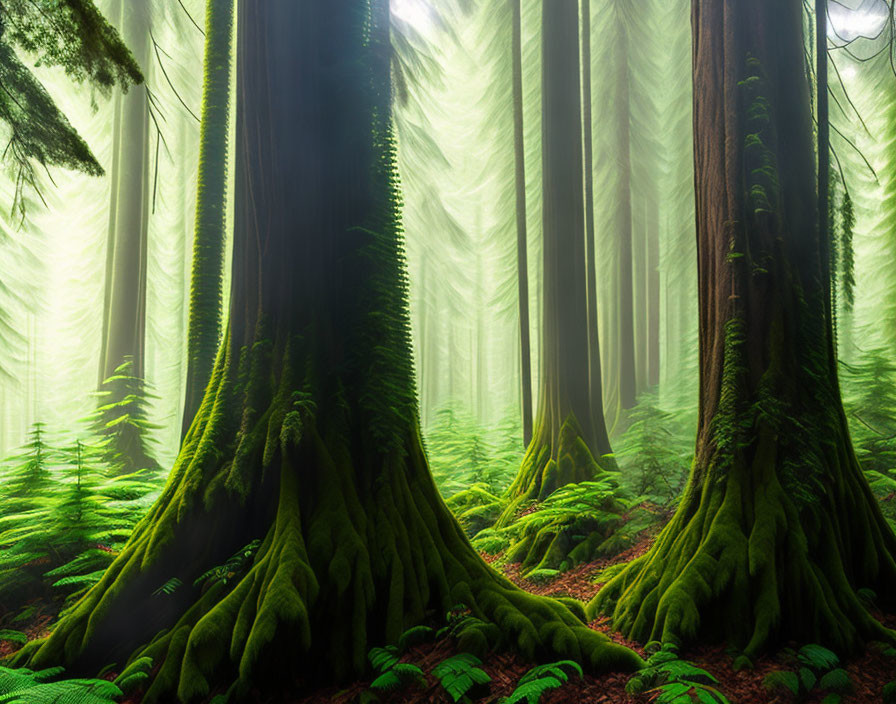 Lush foggy forest with moss-covered tree trunks & green ferns