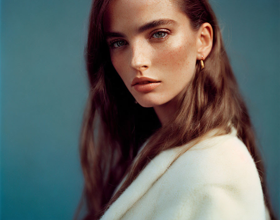 Fair-skinned woman with long brown hair and freckles in white garment, gazing at camera