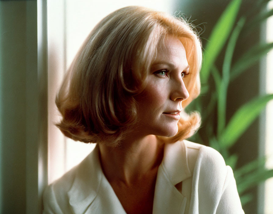 Blonde woman in white blazer gazes away near window.