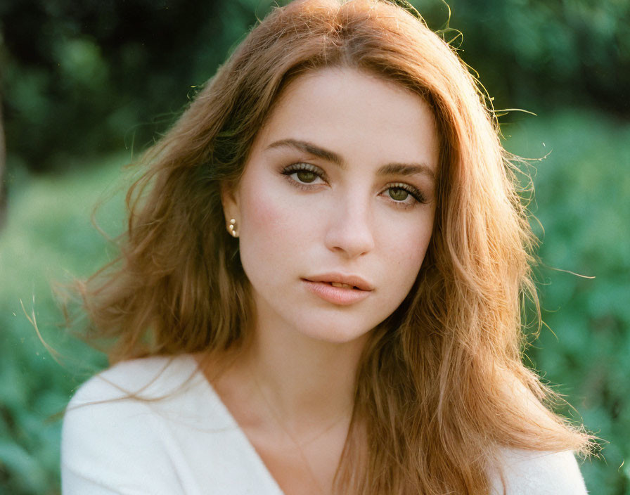 Young Woman with Auburn Hair and Hazel Eyes in White Blouse in Natural Green Setting