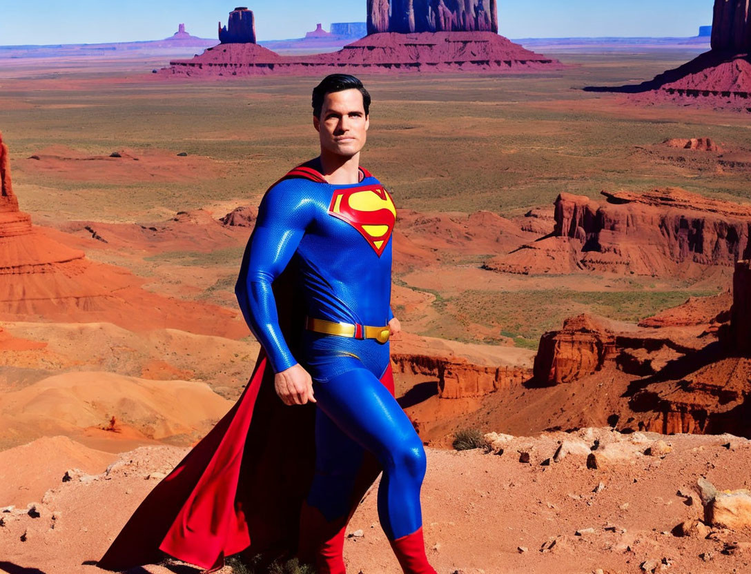 Person in Superman costume in desert with red sandstone formations