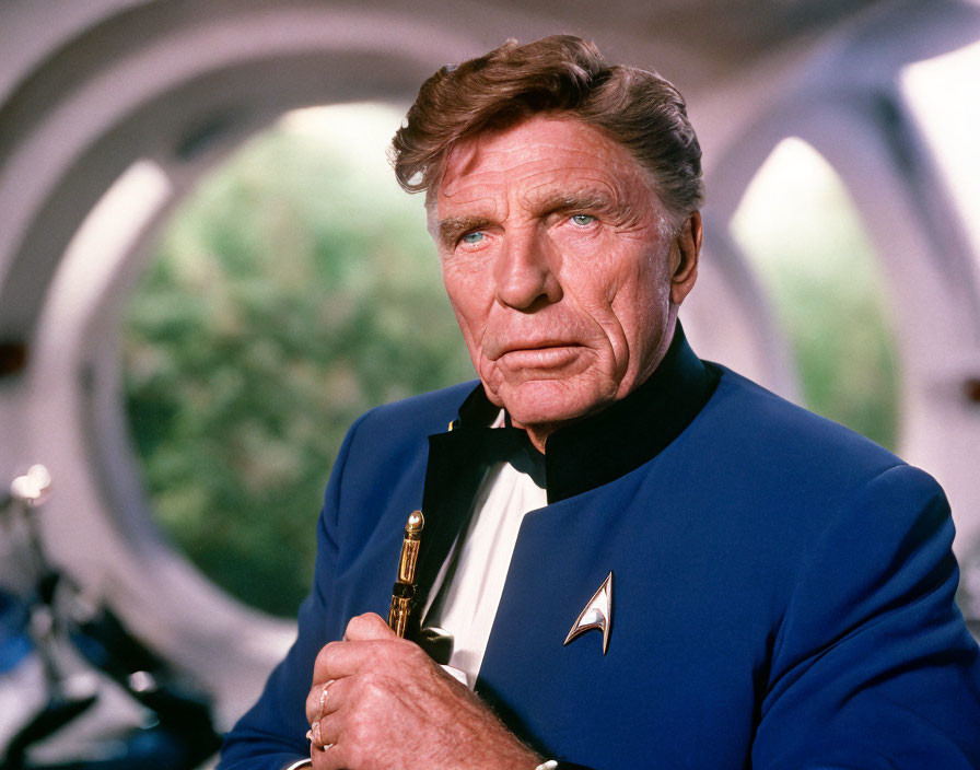 Elderly man in Starfleet uniform with golden object in futuristic setting