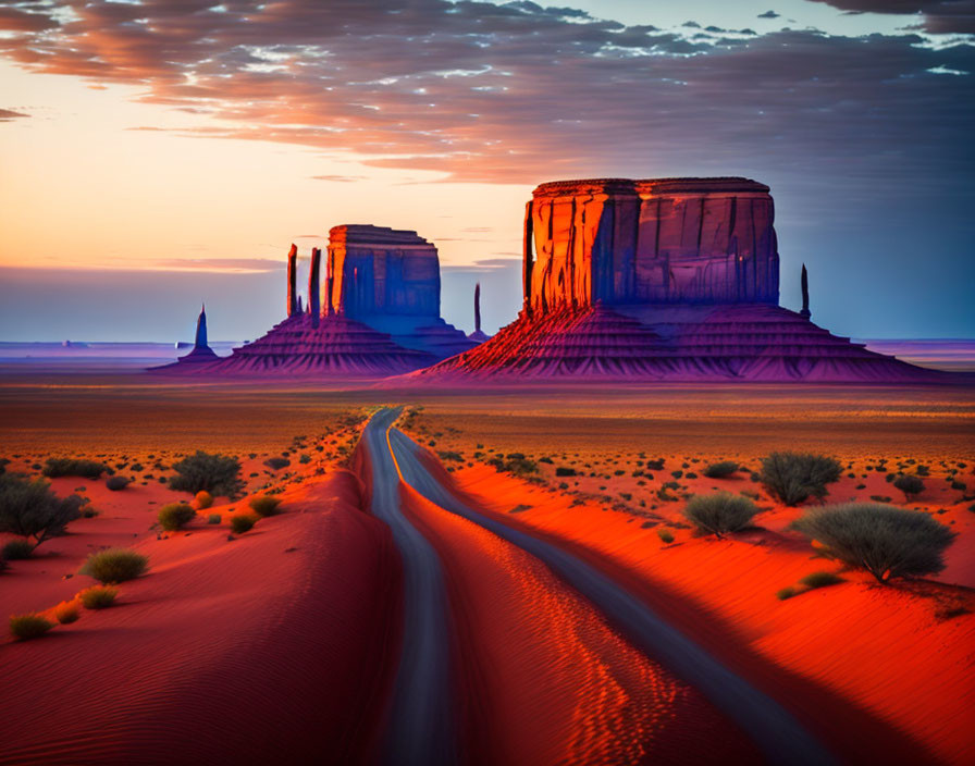 Desert sunset with red sandstone buttes and winding road