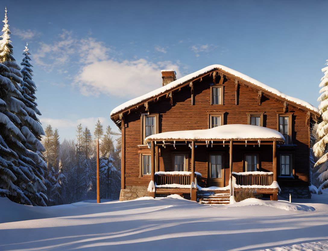 Snow-covered wooden cabin in pine forest under clear blue sky