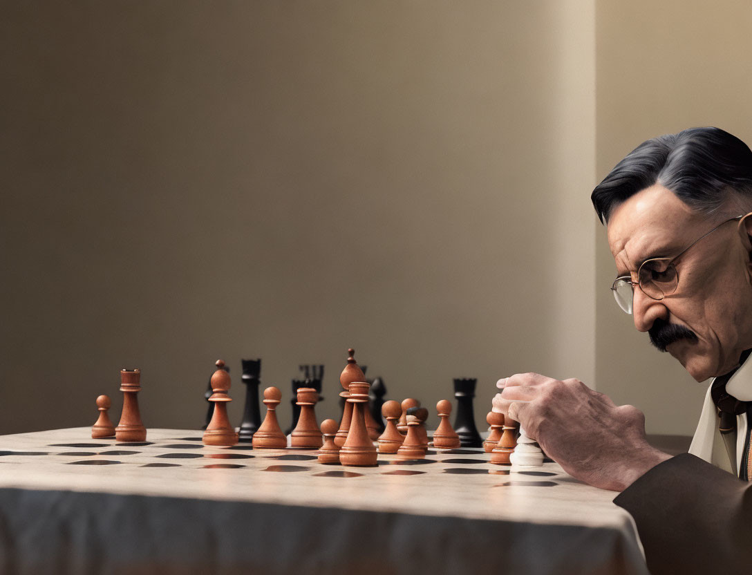 Man with Glasses and Mustache Analyzing Chessboard