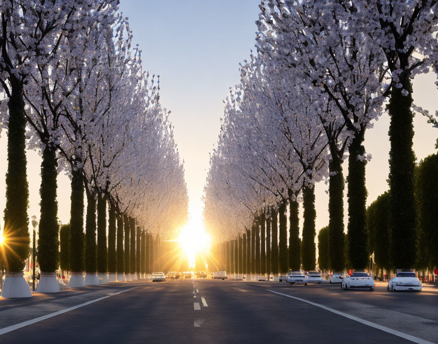 Cherry Blossom-Lined Boulevard at Sunrise